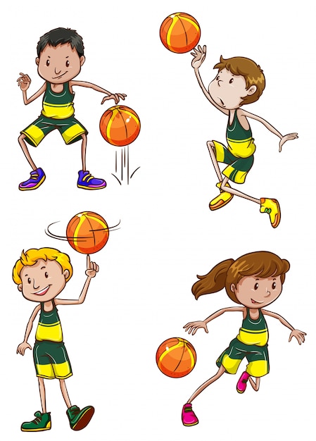 Illustration of many boys and girl playing basketball