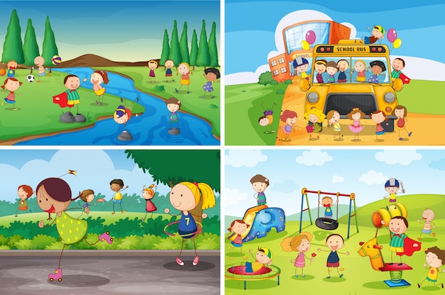 Illustration of many children playing in the park