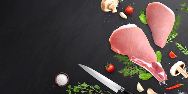 Vettore gratuito illustrazione di carne e verdure sulla tavola nera