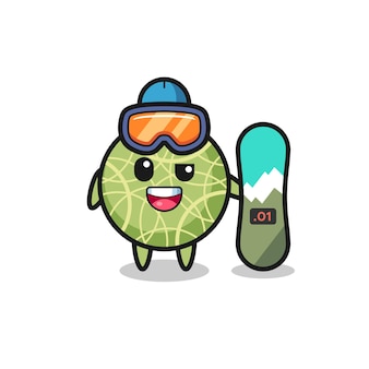Illustration of melon fruit character with snowboarding style