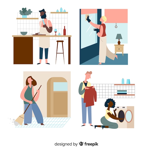 Vettore gratuito illustrazione di personaggi minimalisti che fanno i lavori domestici
