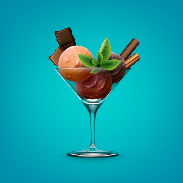 Free vector illustration of mixed sundae ice cream in cocktail glass with chocolate