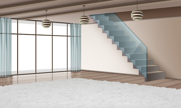 иллюстрация современного интерьера с лестницей и эко материалами в стиле минимализма