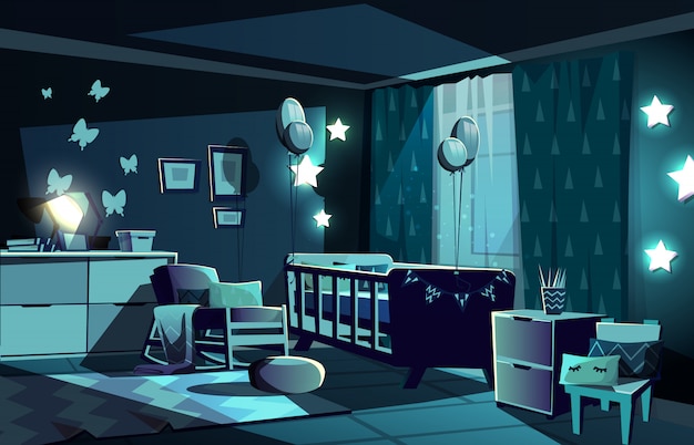 Illustration of newborn kid or nursery room at night in moonlight.