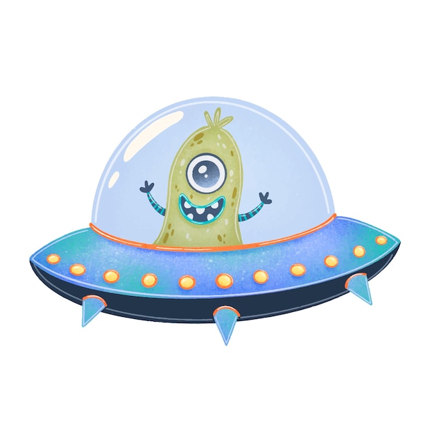 宇宙船のかわいい漫画のエイリアンのイラスト 白で隔離かわいいモンスター Ufo プレミアムベクター