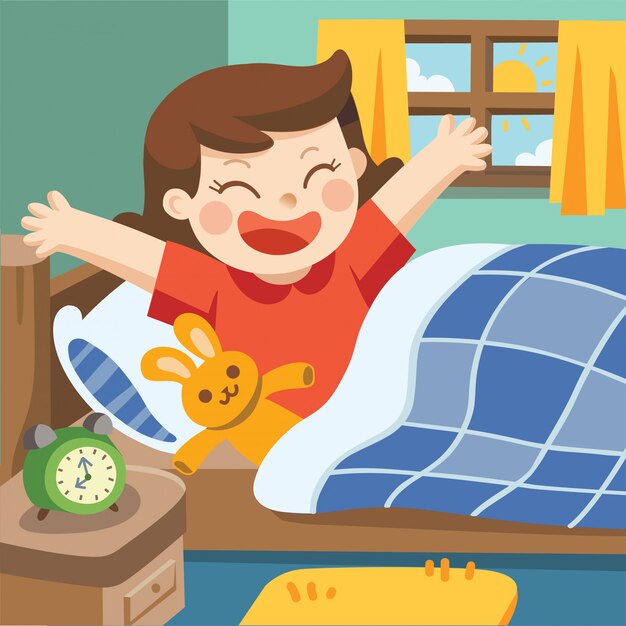 眠っている少女 ベッド漫画イラストでストレッチうれしそうな女性の朝目を覚ます プレミアムベクター
