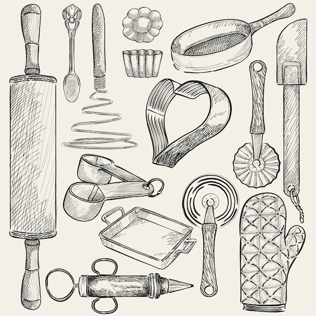 Бесплатное векторное изображение Иллюстрация набора кухонных инструментов