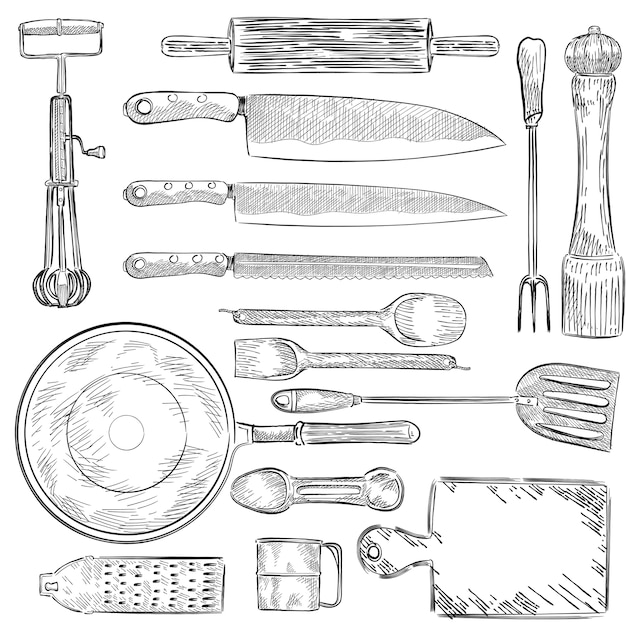 Бесплатное векторное изображение Иллюстрация набора кухонной утвари