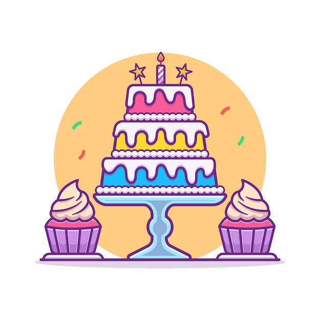 バースデーケーキとカップケーキのイラスト お誕生日おめでとうパーティーのコンセプト フラット漫画スタイル プレミアムベクター バースデーケーキとカップケーキのイラスト お誕生日おめでとうパーティーのコンセプト フラット漫画スタイル プレミアムベクター