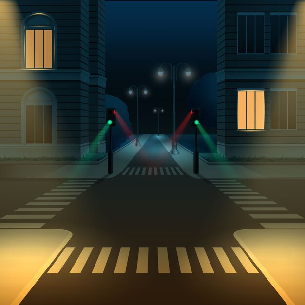 夜の交差点と信号機と道路の空撮のイラスト プレミアムベクター