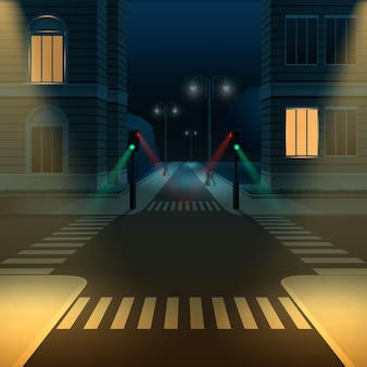 夜の交差点と信号機と道路の空撮のイラスト プレミアムベクター