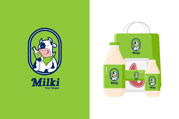 乳製品や牛肉のかわいい牛マスコットロゴのイラスト プレミアムベクター