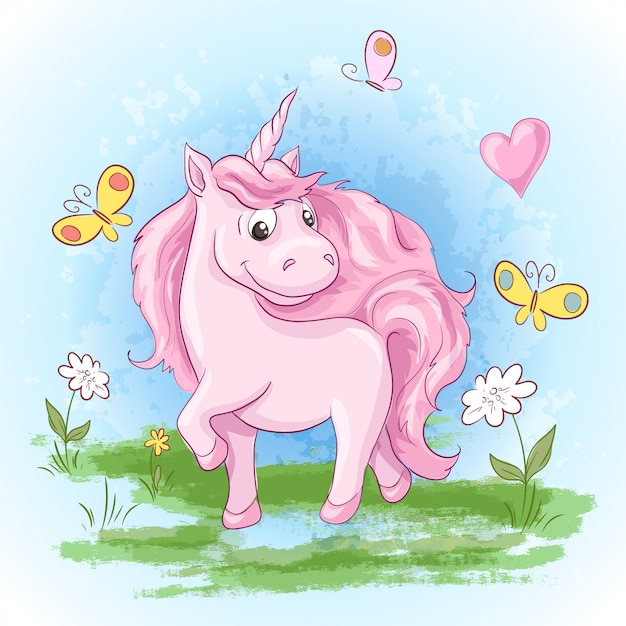 かわいいユニコーンの花と蝶のイラスト プレミアムベクター