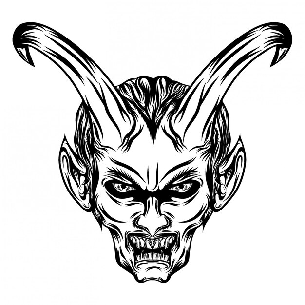 長いひげと恐怖の笑顔で悪魔の頭のイラスト プレミアムベクター