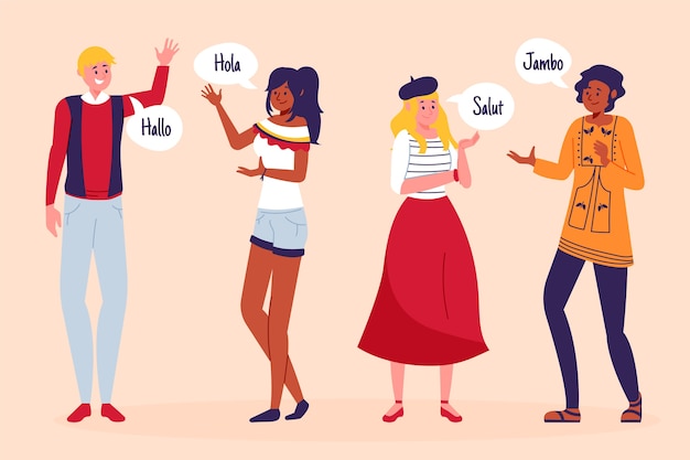 Бесплатное векторное изображение Иллюстрация друзей, говорящих на разных языках