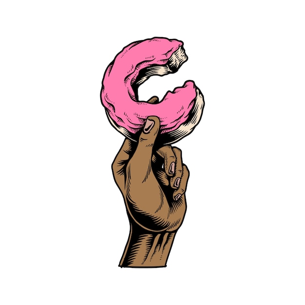 Иллюстрация руки держать укушенный значок пончик