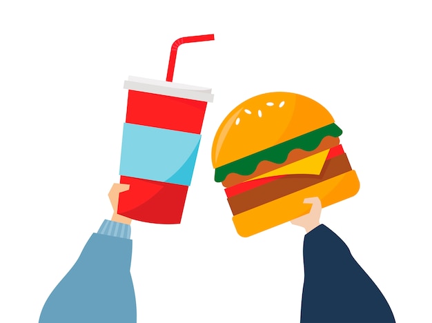 Бесплатное векторное изображение Иллюстрация рук, содержащих нездоровую пищу