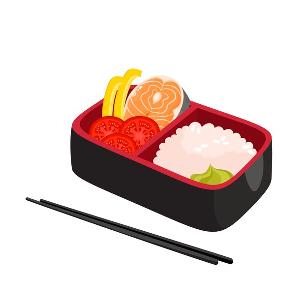 かわいいお弁当 日本のお弁当 面白い漫画の食べ物 等尺性のカラフルなイラスト プレミアムベクター