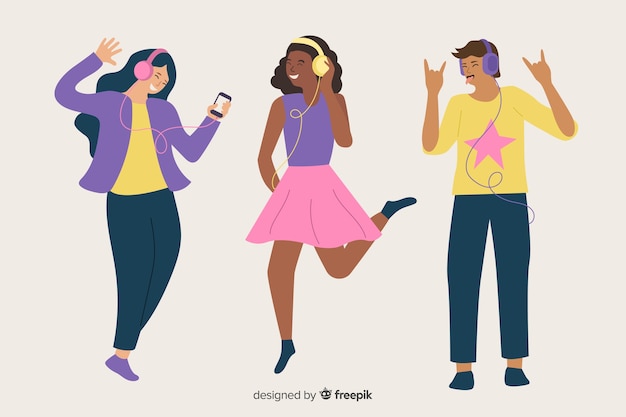 Бесплатное векторное изображение Иллюстрация людей, слушающих музыку на их наушники