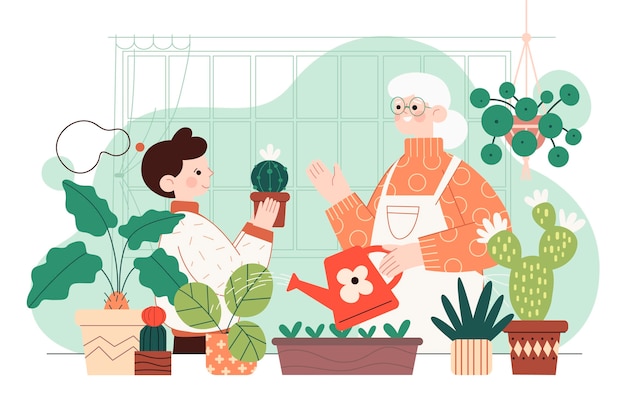 無料ベクター 植物の世話をしている人のイラスト