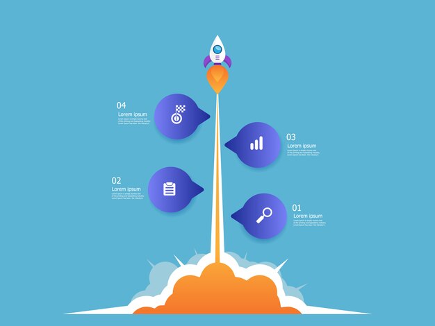ロケットランチャービジネススタートアップ垂直タイムラインインフォグラフィック4ステップのベクトルの背景のイラスト プレミアムベクター