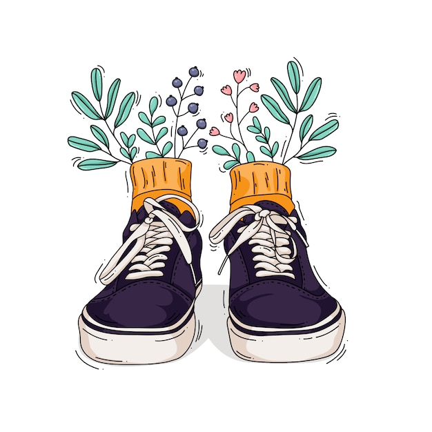 花と葉のスニーカーのイラスト プレミアムベクター