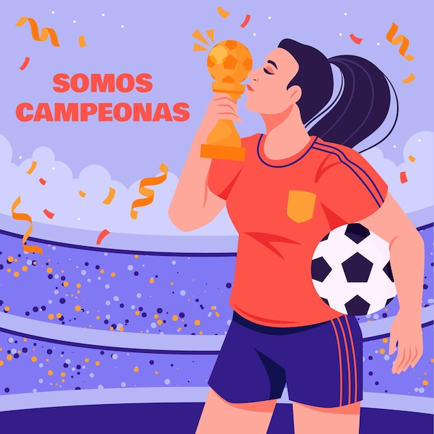 Бесплатное векторное изображение Иллюстрация испанского футболиста, целующего трофей на стадионе