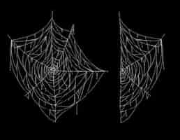 無料ベクター スパイダーウェブ、全体と部分、黒い背景に隔離された白いおかしなクモの巣のイラスト。