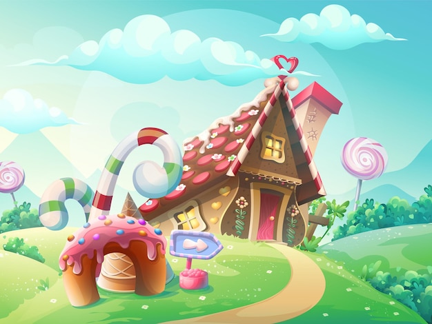 牧草地と成長しているキャラメルの背景にクッキーとキャンディーの甘い家のイラスト プレミアムベクター 牧草地と成長しているキャラメルの背景にクッキーとキャンディーの甘い家のイラスト プレミアムベクター