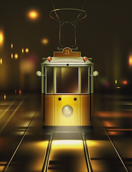 夜の街 孤立した正面図にヴィンテージの古い黄色の路面電車のイラスト プレミアムベクター 夜の街 孤立した正面図にヴィンテージの古い黄色の路面電車のイラスト プレミアムベクター