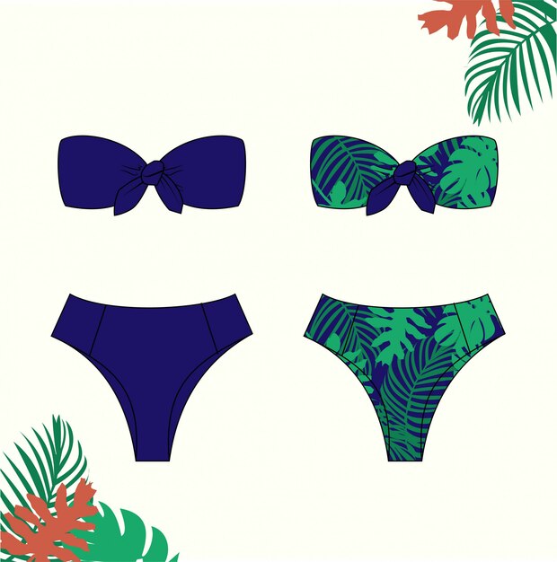 女性のビキニのイラスト 夏 ファッションフラットスケッチテンプレートのピンクのビキニ水着 プレミアムベクター