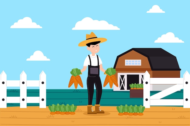 Vettore gratuito illustrazione del concetto di agricoltura biologica con l'agricoltore