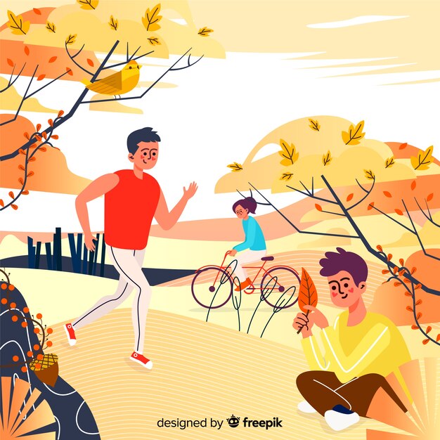 Illustration of people in autumn park