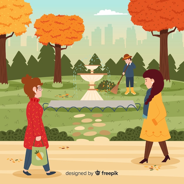 Illustrazione della gente nel parco di autunno