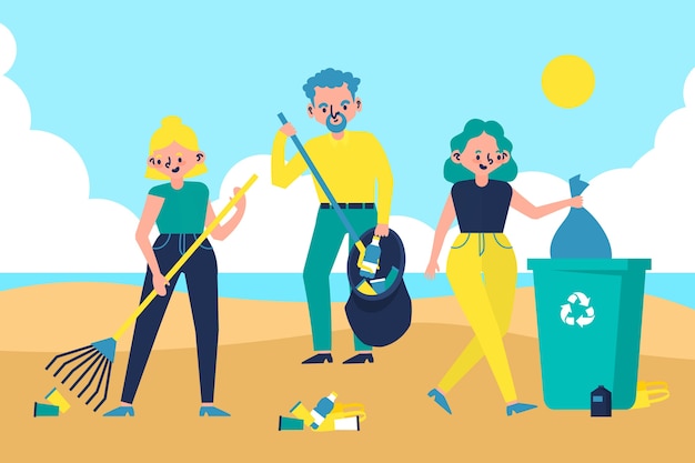 Illustration of people cleaning beach