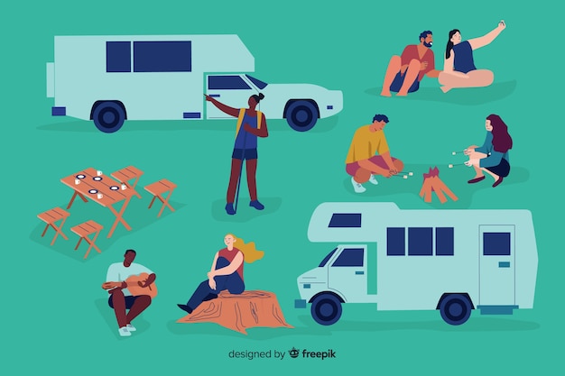 Free vector illustration of people doing camping