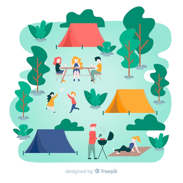Illustrazione della gente che fa campeggio