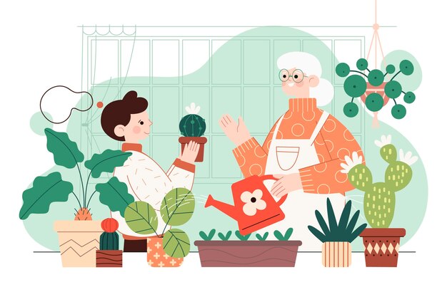 Illustration of people taking care of plants