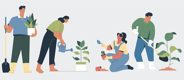 Free vector illustration of people taking care of plants