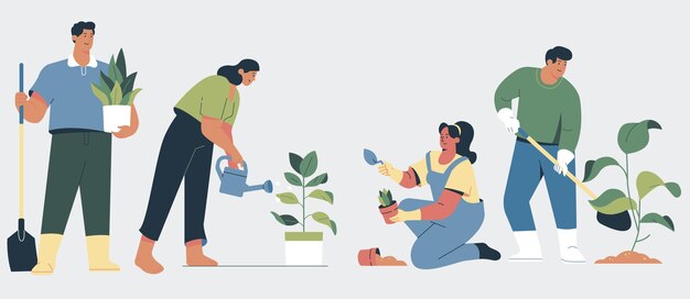 Illustration of people taking care of plants