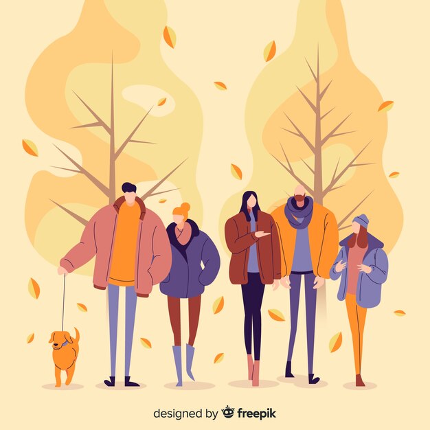 Иллюстрация людей, идущих в осень