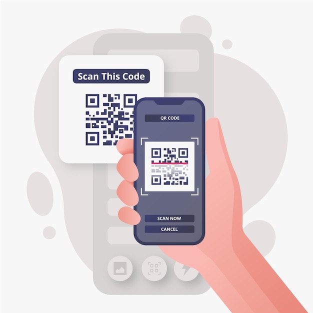 스마트 폰으로 QR 코드를 스캔하는 사람의 그림