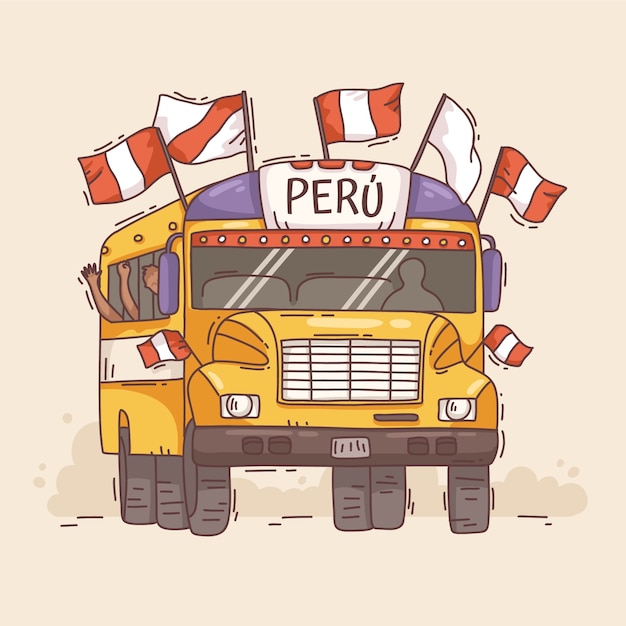 黄色いバスに乗ったペルー国旗のイラスト