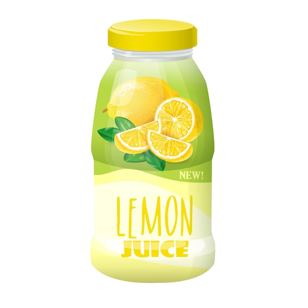 illustration of a plastic, glass bottle with a lid and a picture of a lemon.