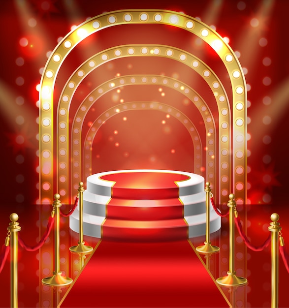 illustration podium for show with red carpet. Stage with lamp illumination for stand up