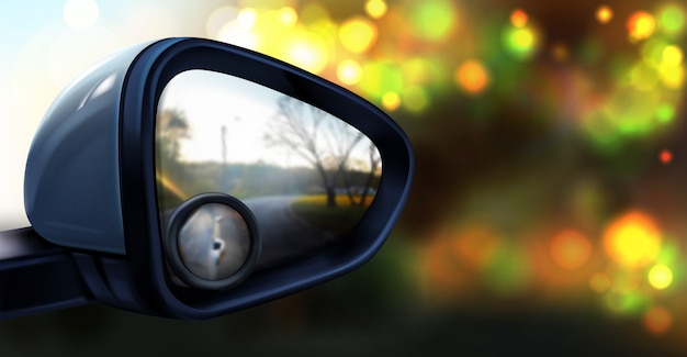 illustration of rear view mirror with small round glass for blind spot zone