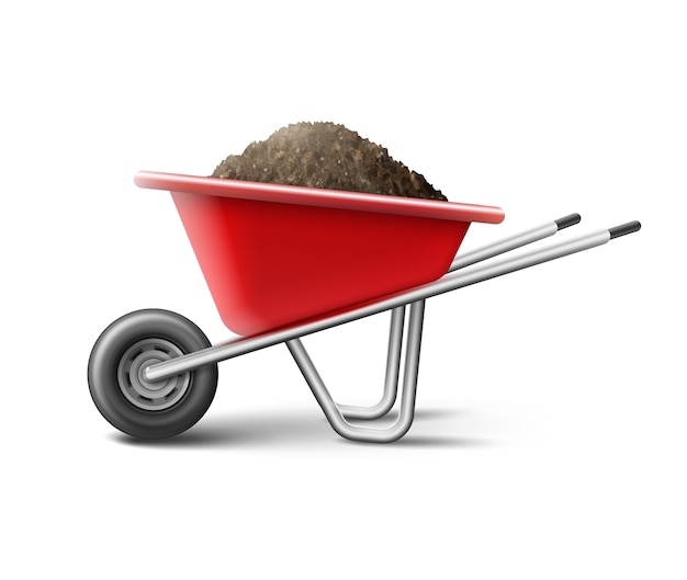 Illustration of a red wheelbarrow for gardening full of soil