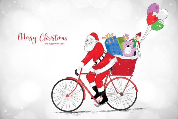 カードの背景にクリスマス プレゼントを提供する自転車に乗ってイラスト サンタ クロース