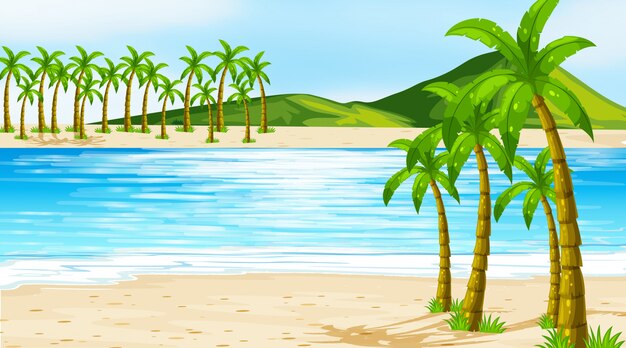 illustration scene with coconut trees on the beach