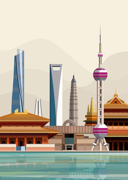 Vettore gratuito illustrazione dei monumenti della città di shanghai